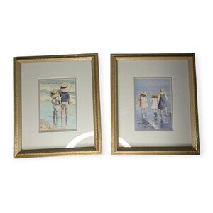 Edouard Van Goethem & 1 Non-Signed Framed Sea Side Print 11.5" x 14" Gold Frame